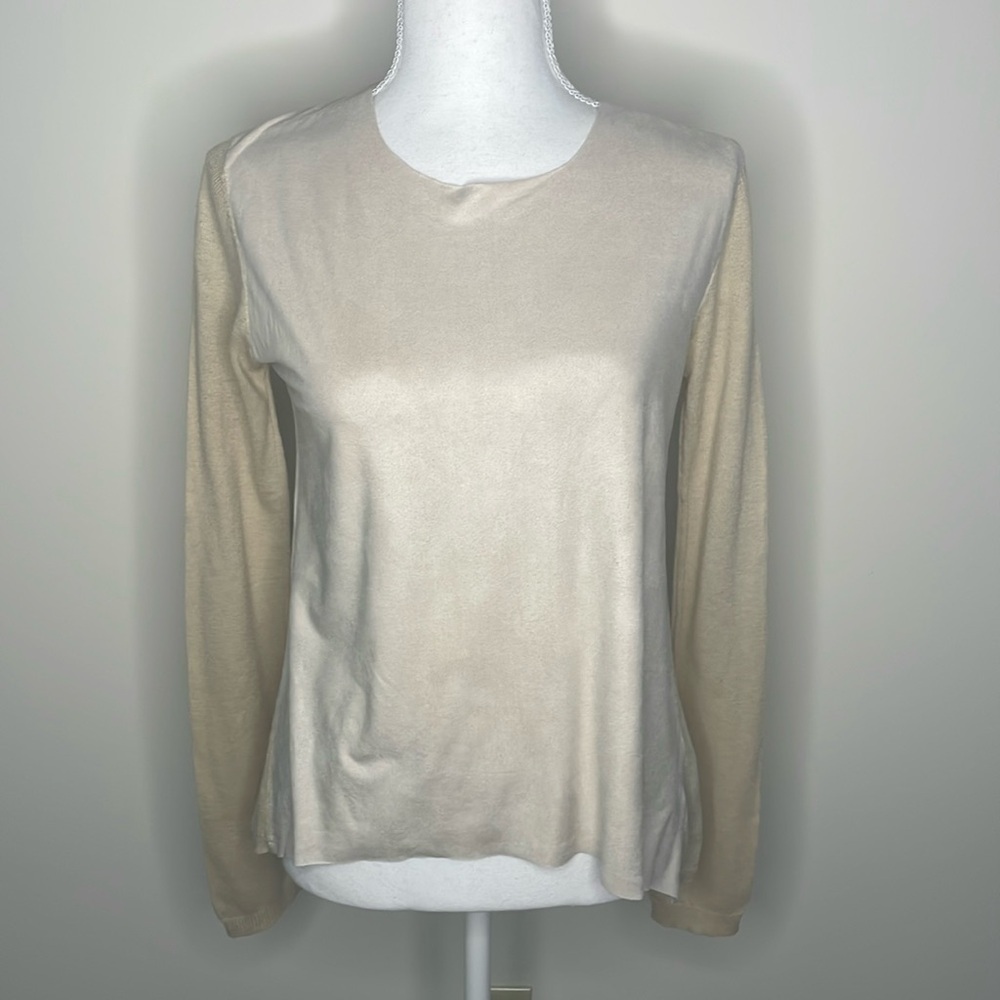 Olivaceous Anthropologie Mixed Fabric L/S Top. Cream Colored